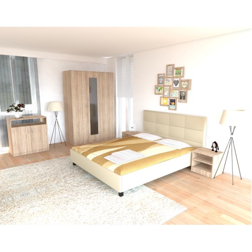 Dormitor Soft Sonoma cu pat tapitat bej pentru saltea 140x200 cm