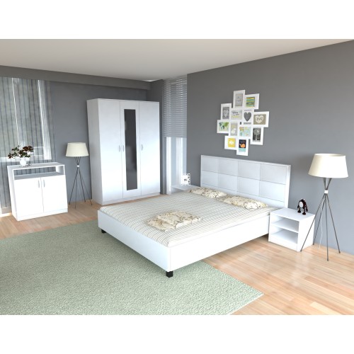 Dormitor Soft Alb cu pat tapitat bej pentru saltea 140x200cm