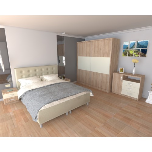 Dormitor Milano Sonoma cu Pat Tapitat Bej 140×200 140x200